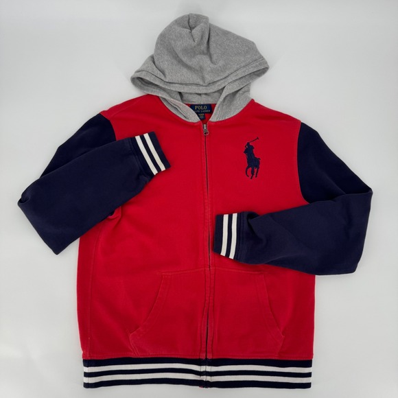 Polo Ralph Lauren Kids XL (18-20) Red Blue Full Zip Hoodie Sweatshirt #67 - Picture 1 of 6